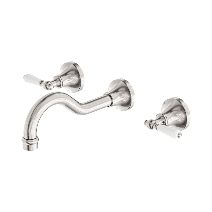 Nero York Wall Basin Set With White Porcelain Lever - Brushed Nickel
