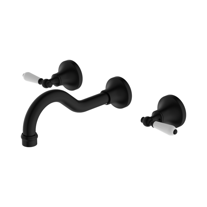 Nero York Wall Basin Set With White Porcelain Lever - Matte Black