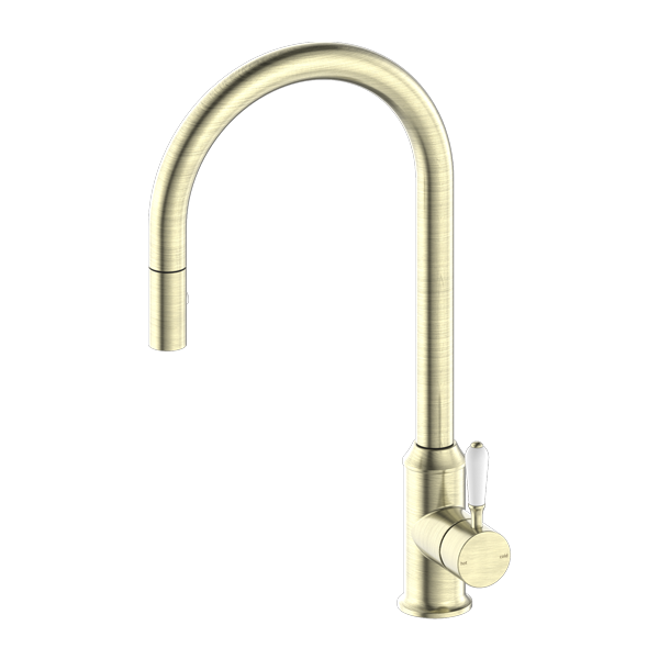 Nero York Pull Out Sink Mixer With Vegie Spray Function With White Porcelain Lever