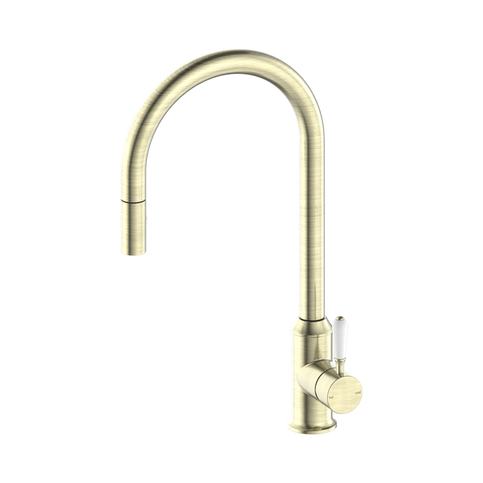 Nero York Pull Out Sink Mixer With Vegie Spray Function With White Porcelain Lever - Aged Brass
