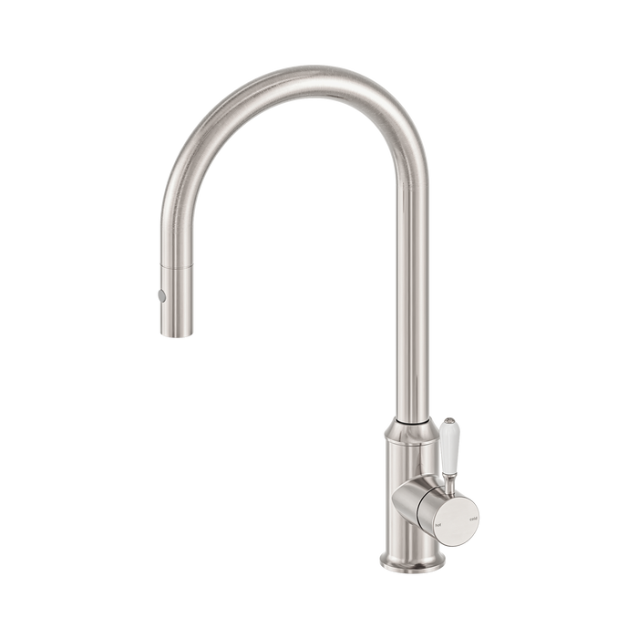 Nero York Pull Out Sink Mixer With Vegie Spray Function With White Porcelain Lever - Brushed Nickel