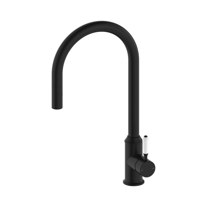 Nero York Pull Out Sink Mixer With Vegie Spray Function With White Porcelain Lever - Matte Black