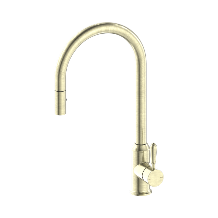 Nero York Pull Out Sink Mixer With Vegie Spray Function With Metal Lever - Aged Brass