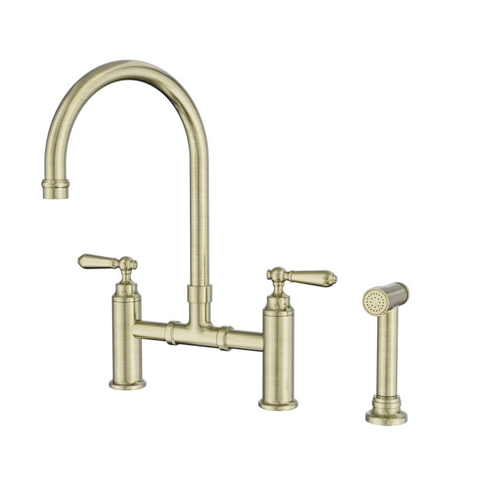Nero York Bridge Kitchen Set With Hand Spray - Aged Brass