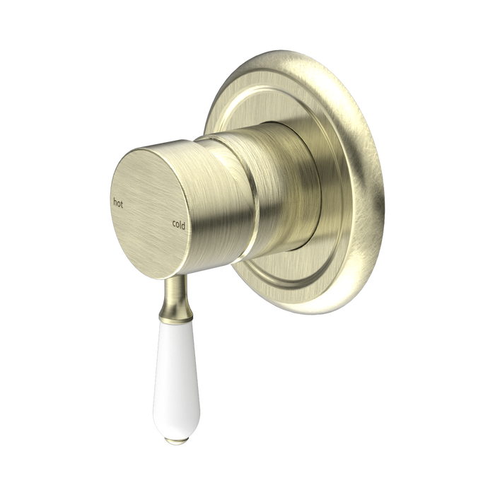 Nero York Shower Mixer With White Porcelain Lever - Aged Brass