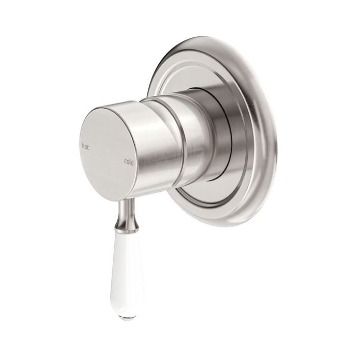 Nero York Shower Mixer With White Porcelain Lever - Brushed Nickel