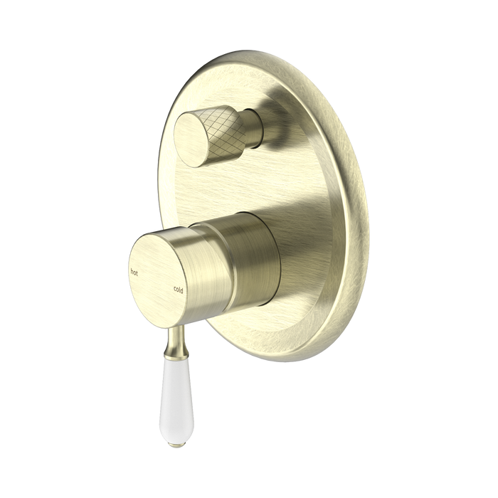 Nero York Shower Mixer With Diverter With White Porcelain Lever - Aged Brass