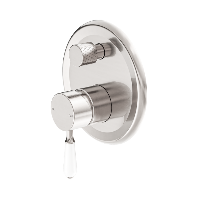 Nero York Shower Mixer With Diverter With White Porcelain Lever - Brushed Nickel