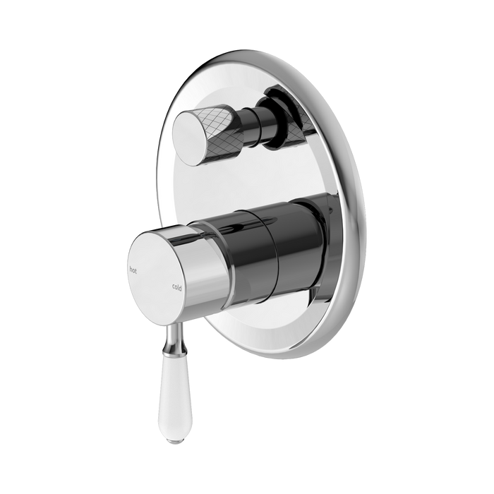 Nero York Shower Mixer With Diverter With White Porcelain Lever - Chrome