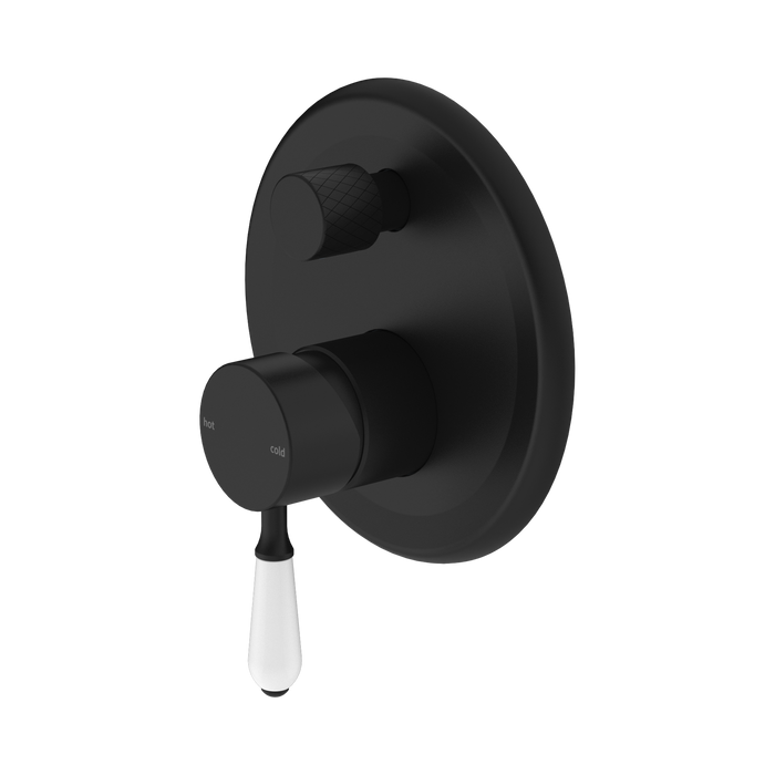 Nero York Shower Mixer With Diverter With White Porcelain Lever - Matte Black