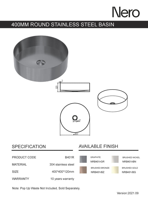 Nero Opal Round 400mm Stainless Steel Basin