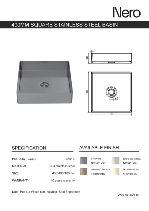 Nero Opal Square 400mm Stainless Steel Basin