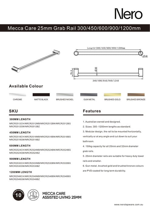 Nero Mecca Care 25mm Grab Rail 1200mm