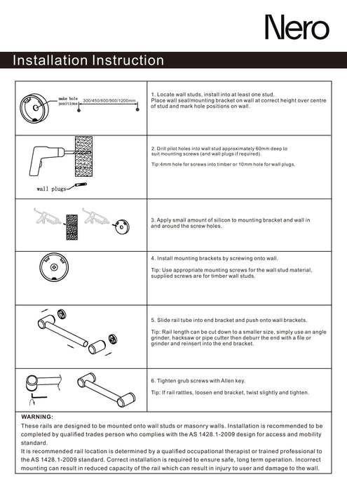 Nero Mecca Care 25mm Grab Rail 1200mm