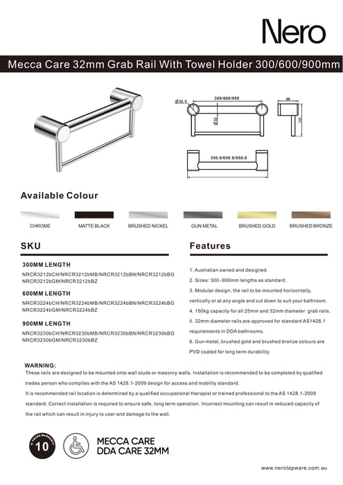 Nero Mecca Care 32mm Grab Rail With Towel Holder 300mm