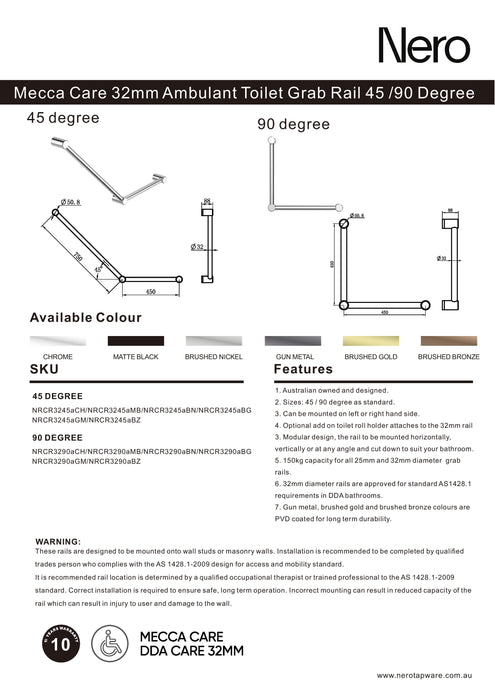 Nero Mecca Care 32mm Ambulant Toilet Grab Rail 45 Degree 750X450mm