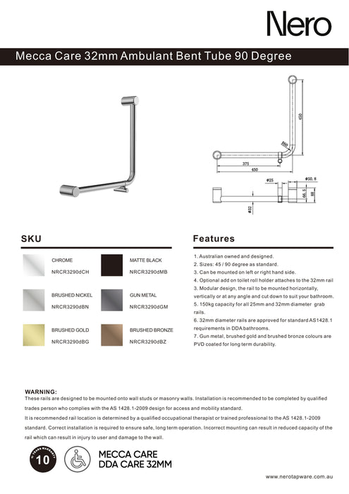 Nero Mecca Care 32mm Ambulant 90 Degree Bent Tube Grab Rail 450X450mm