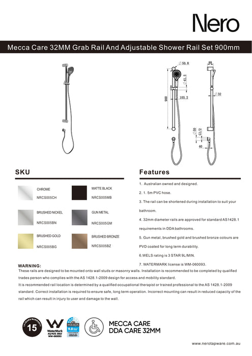 Nero Mecca Care 32mm Grab Rail And Adjustable Shower Rail Set 900mm