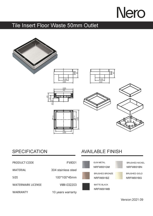 Nero Tile Insert Floor Waste 50mm Outlet