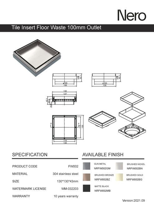 Nero Tile Insert Floor Waste 100mm Outlet