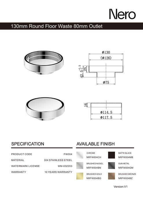 Nero 130mm Round Tile Insert Floor Waste 80mm Outlet