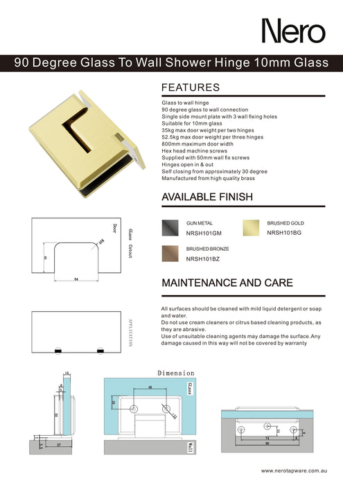 Nero 90 Degree Glass To Wall Shower Hinge 10mm Glass