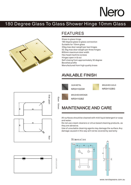 Nero 180 Degree Glass To Glass Shower Hinge 10mm Glass