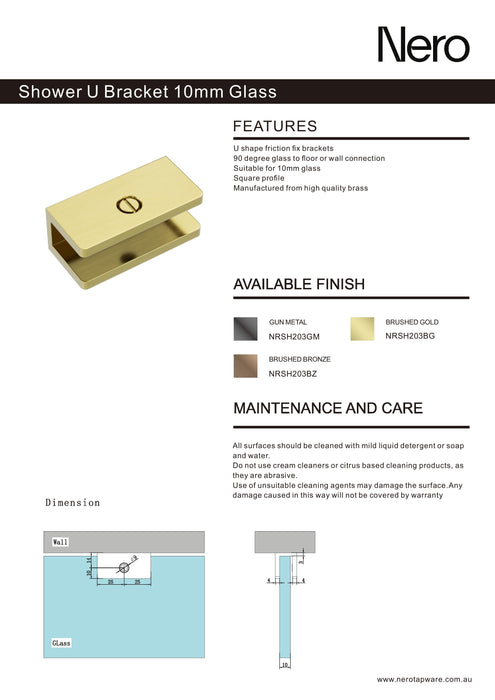 Nero Shower U Bracket 10mm Glass