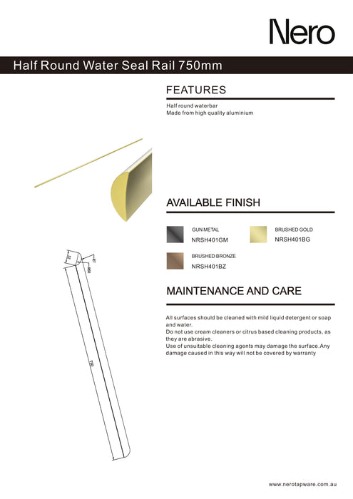 Nero Half Round Water Seal Rail 750mm