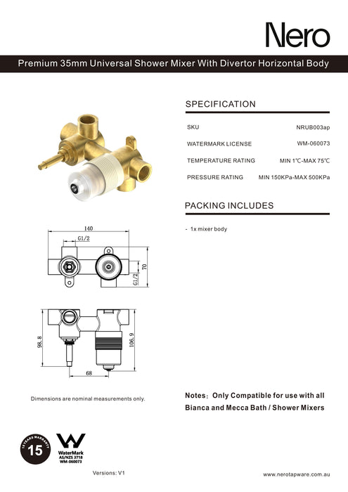 Nero Premium 35mm Universal Shower Mixer With Divertor Horizontal Body Only