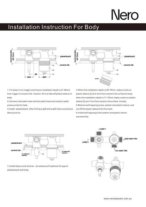 Nero Premium 35mm Universal Shower Mixer With Divertor Horizontal Body Only