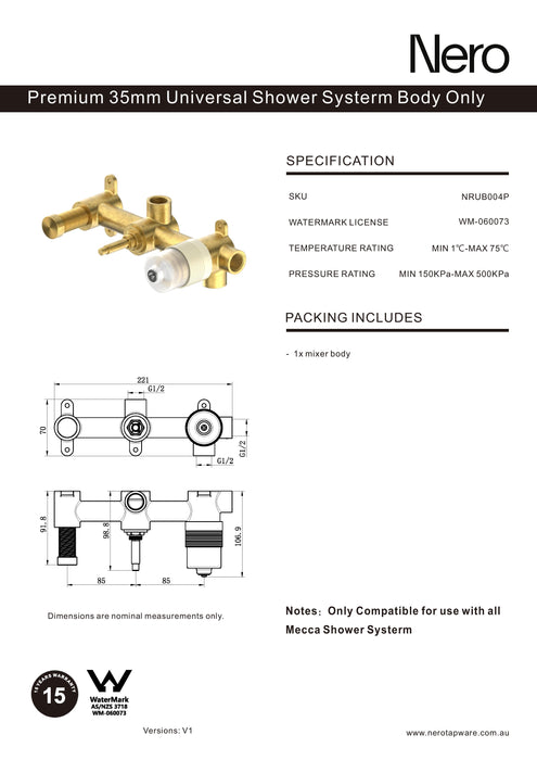 Nero Premium 35mm Universal Shower System Body Only