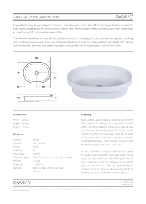 Omvivo Pere Oval 500 Oval Solid Surface Above CounterBasin 500mm