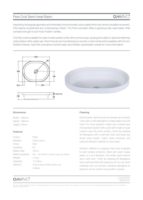 Omvivo Pere Oval 500 Oval Solid Surface Semi Inset Basin 500mm