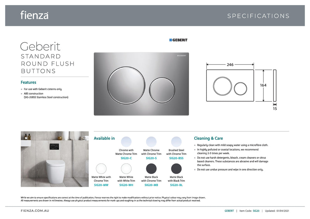 Geberit Sigma 20 Matte White, Chrome Trim Round Button Flush Plate