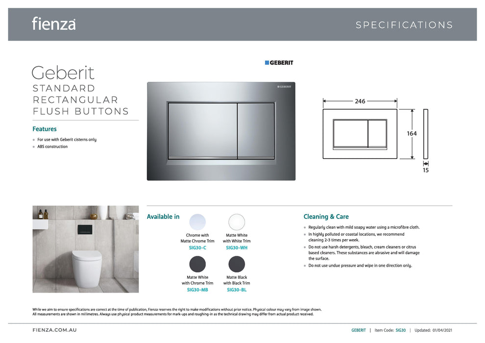 Geberit Sigma 30 Matte White Rectangular Button Flush Plate