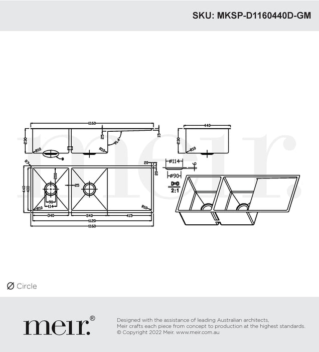 Meir Kitchen Sink - Double Bowl & Drainboard 1160 X 440