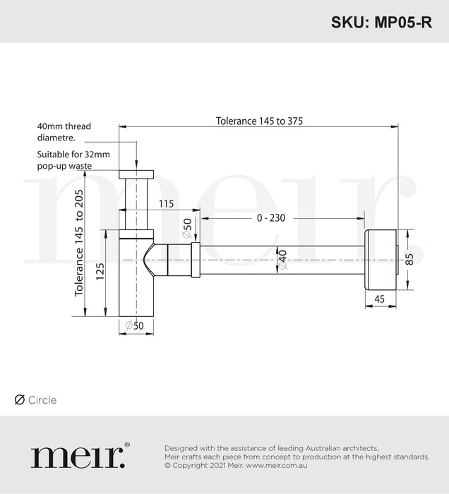 Meir Round Bottle Trap For 32MM Basin Waste And 40MM Outlet