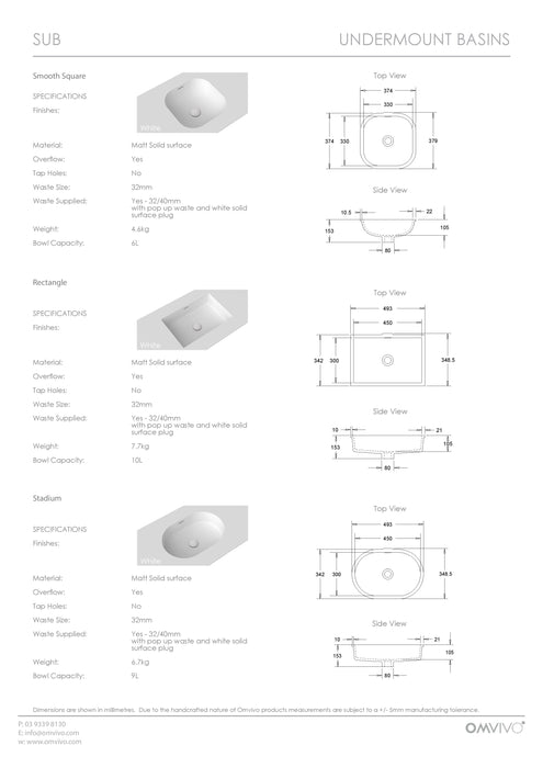 Omvivo Smooth Square Sub Undermount Basin