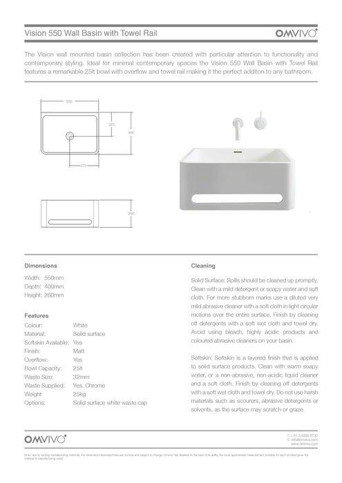 Omvivo Vision 550 Wall Hung Solid Surface Basin With Towel Rail 550mm