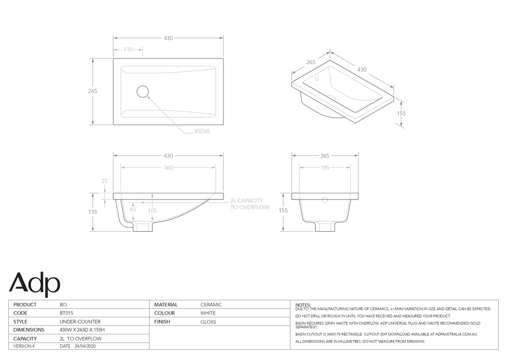 ADP Bo Gloss White Ensuite Basin 430x260mm