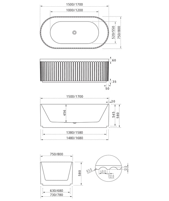 Seima Cleo 100 Fluted Freestanding Bath | No Overflow