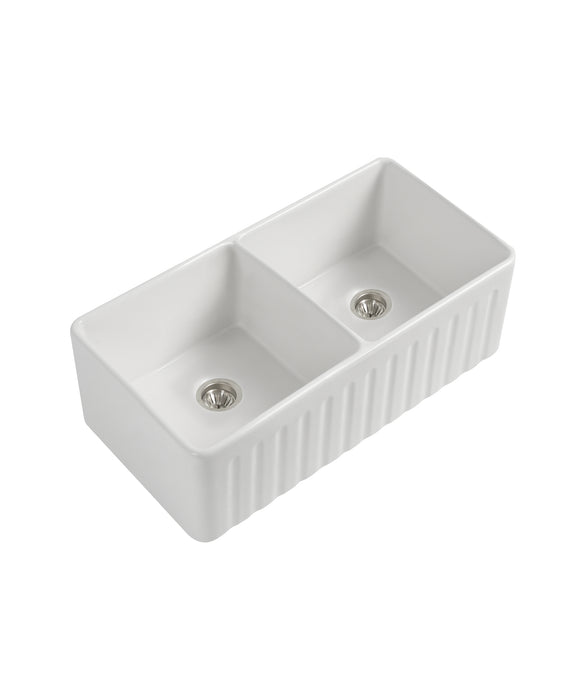 Seima Cleo 835 Duo fluted/flat apron front double bowl ceramic sink – White Gloss