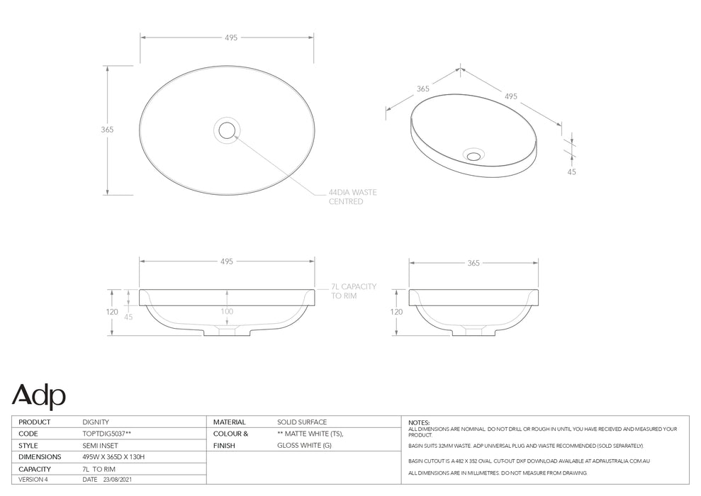 ADP Dignity Gloss White Solid Surface Basin 495x365mm