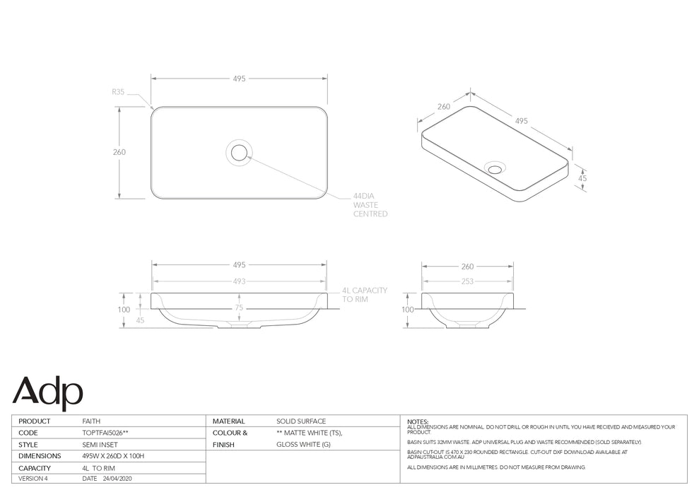 ADP Faith Gloss White Solid Surface Basin 500x260mm