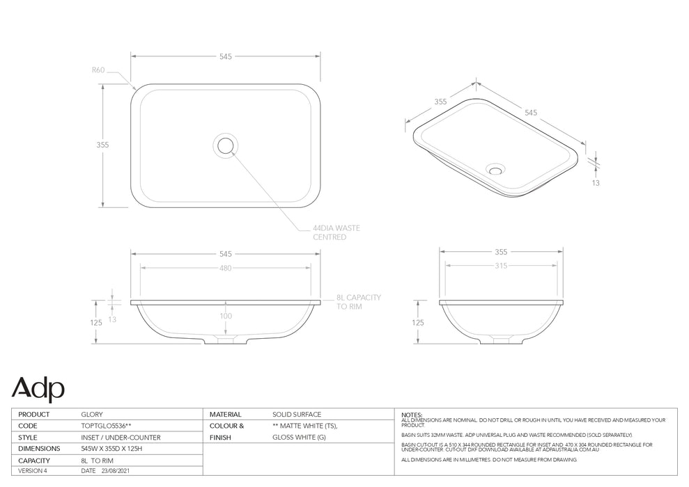 ADP Glory Solid Surface Matte White Inset Basin 545x355mm