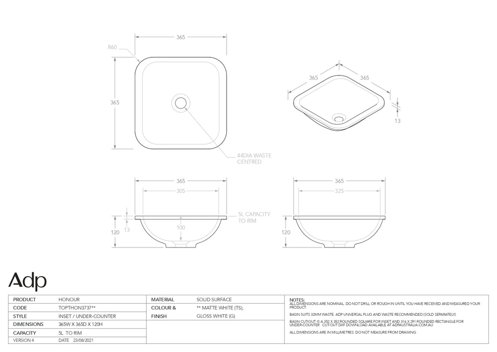 ADP Honour Solid Surface Matte White Basin 365x365mm