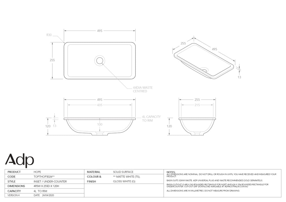 ADP Hope Gloss White Solid Surface Basin 495x255mm