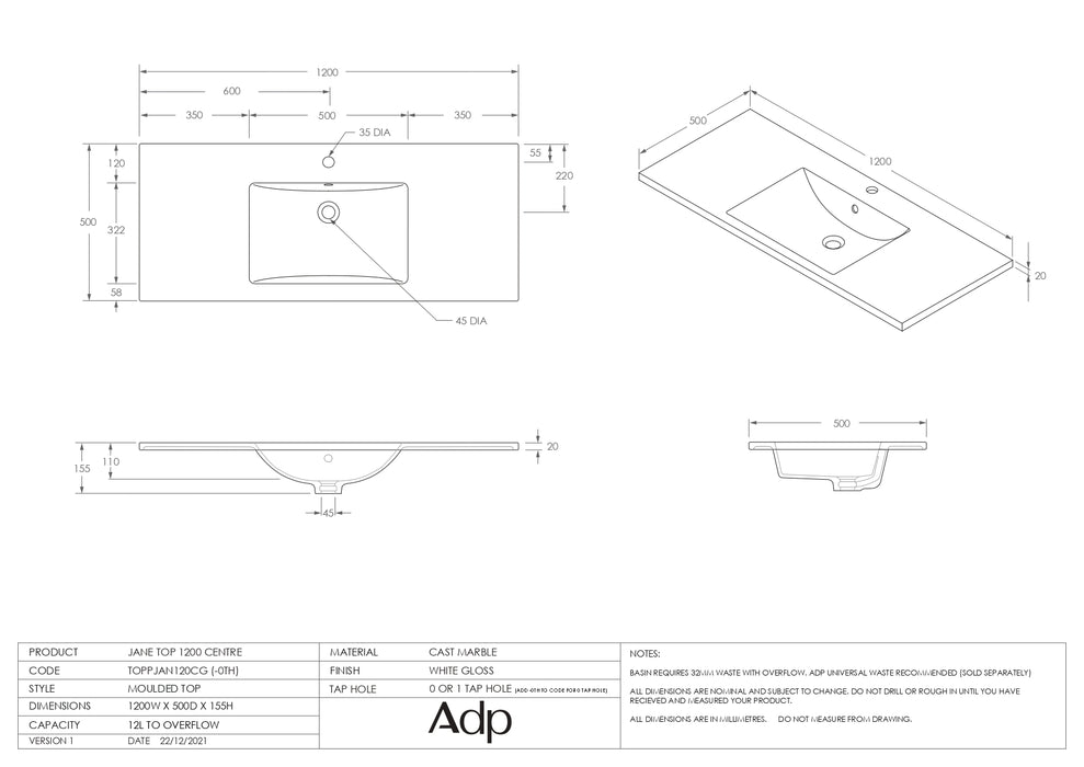 ADP Jane Express 1200 Wall Hung / Floor Mount - Centre