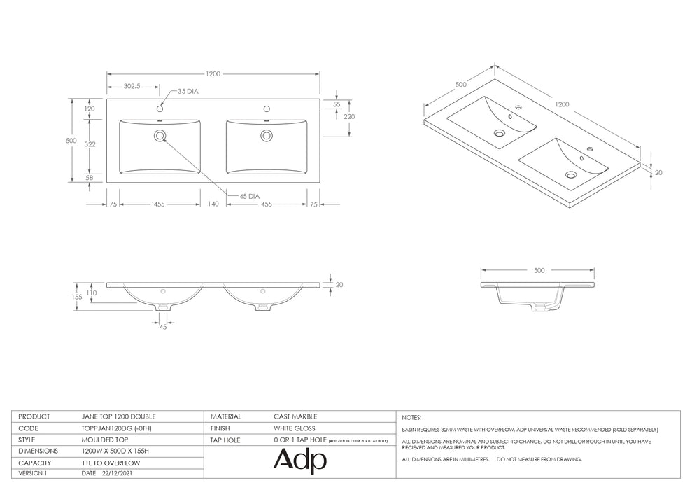 ADP Jane Express 1200 Wall Hung / Floor Mount - Double